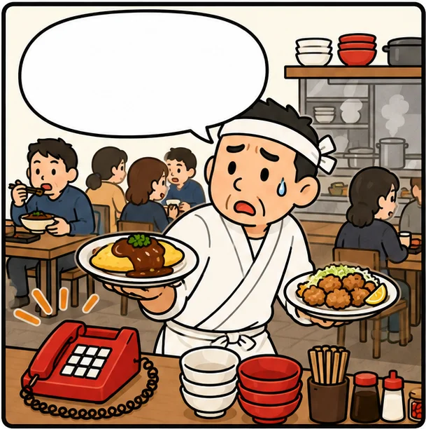 満席のランチタイム。両手がふさがった店主が鳴り続ける電話に出られない