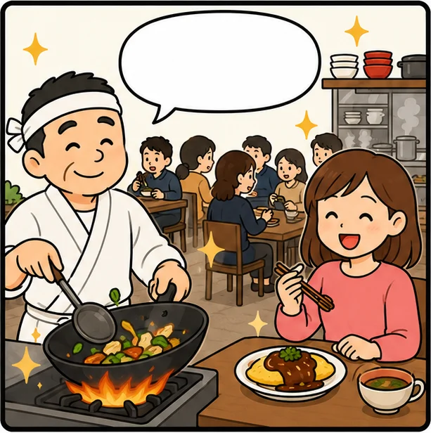 満席の店内。店主は料理に集中し、お客様も笑顔