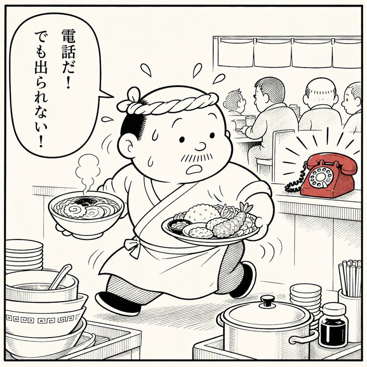 満席のランチタイム。両手がふさがった大将が鳴り続ける電話に出られない。「電話だ！でも出られない！」