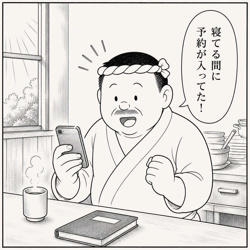 Gmail / LINEの予約通知を確認して喜ぶ大将。「寝てる間に予約が入ってた！」