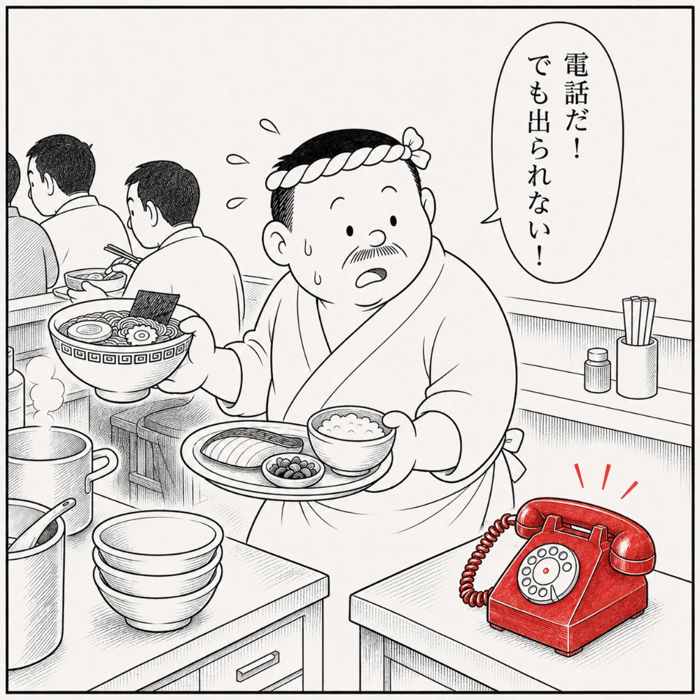 満席のピークタイムに電話へ出られない大将
