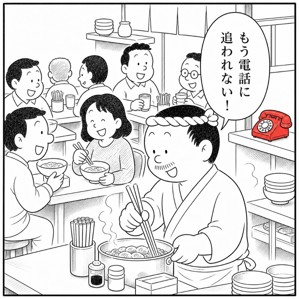 電話を気にせず料理に集中する大将