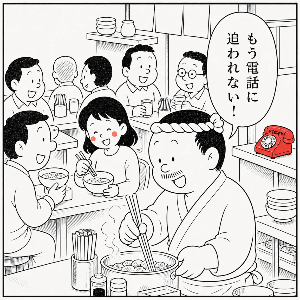 満席の店内で大将は料理に集中。お客様も笑顔で「もう電話に追われない！」