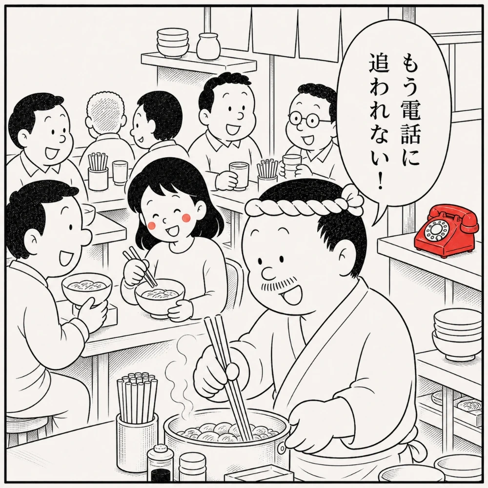 満席の店内で大将は料理に集中。お客様も笑顔で「もう電話に追われない！」