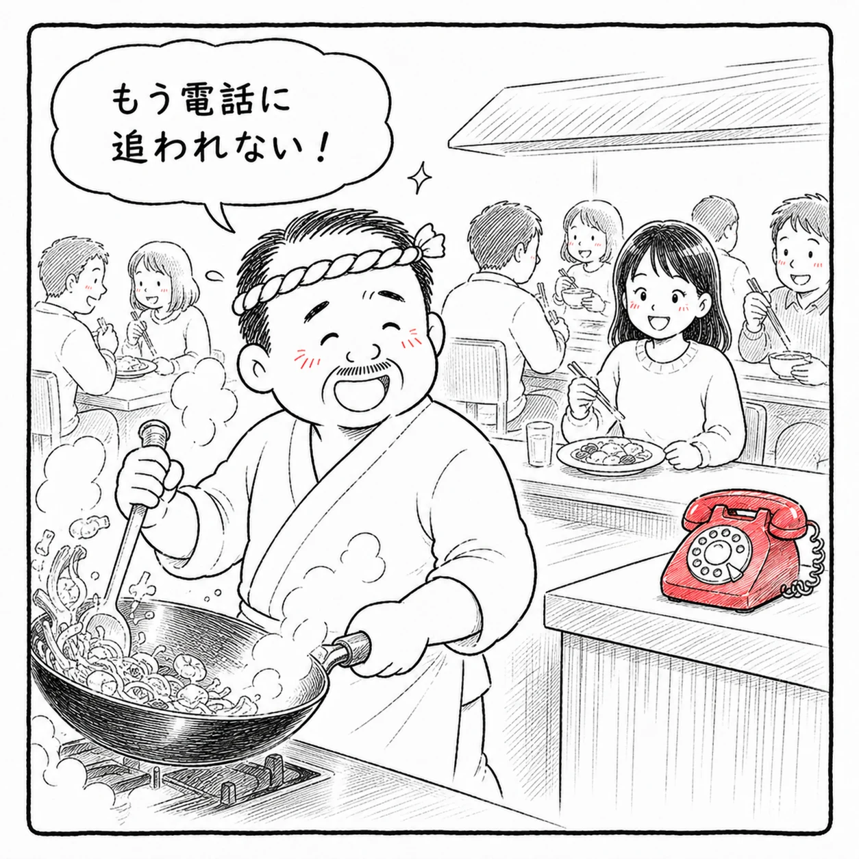 満席の店内。大将は料理に集中し、お客様も笑顔。「もう電話に追われない！」